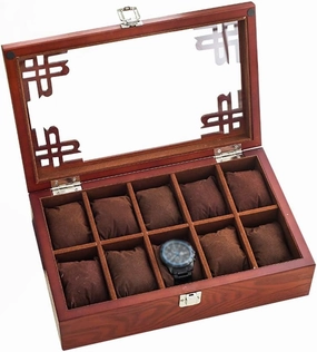 10 Grid Watch Box Jewelry Display Storage Box Bracelet Organizers Case with Removable Pillows Holders and Glass Lid for Men Women - Red