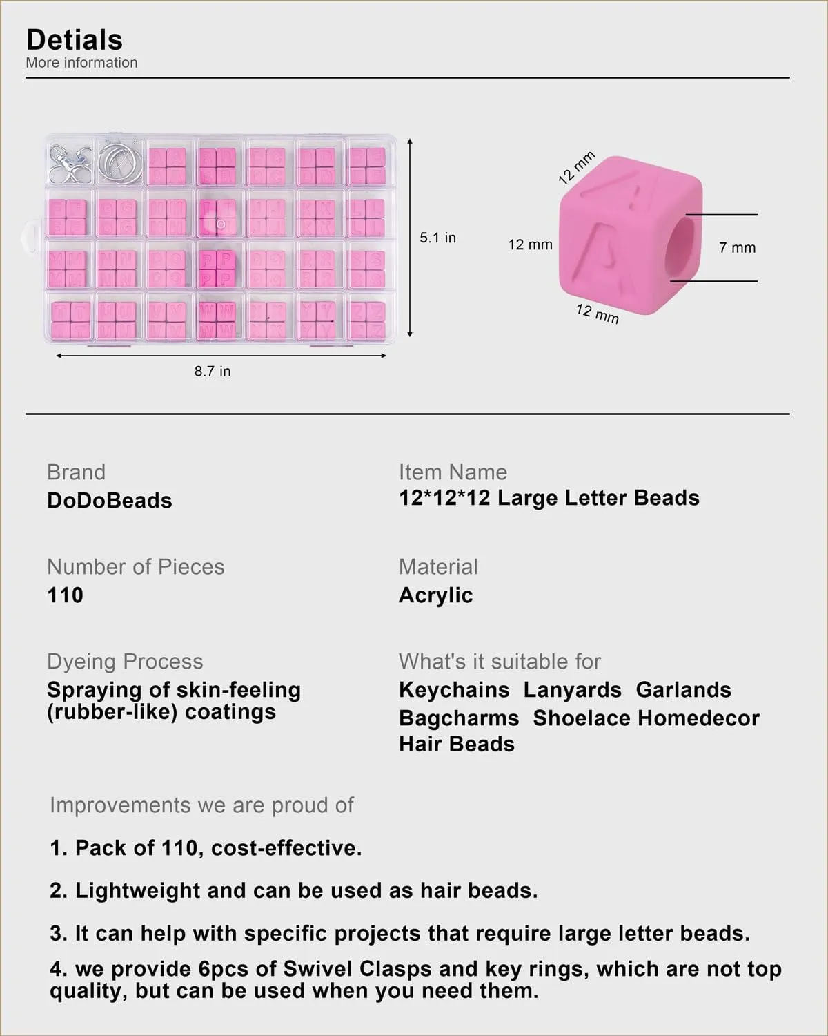 110 Pcs 12x12mm Large Square Letter Beads, Fuchsia Big Alphabet Beads for Keychains, Jumbo Letter Charms for Bag Charm, Lanyards, Holiday Garlands, Big Bead for Home Decor Craft