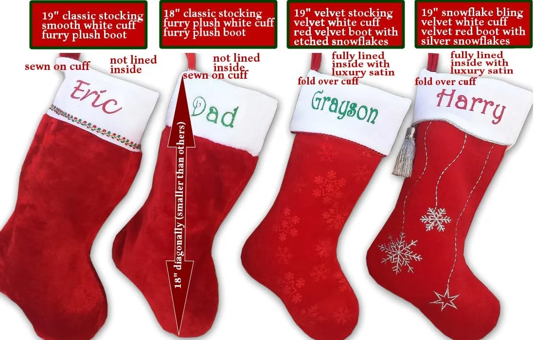 19" Personalized Christmas Stocking White Velvet Cuff With Metallic Rope Trim and Red Velvet Etched Snowflake Boot Embroidered Family Names (Red-White-Velvet, 19 Inch Diagonally)