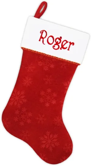 19" Personalized Christmas Stocking White Velvet Cuff With Metallic Rope Trim and Red Velvet Etched Snowflake Boot Embroidered Family Names (Red-White-Velvet, 19 Inch Diagonally)