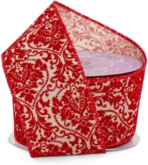 2 1/2" X 10 Yards Red Flckd Damask On Faux Linen Wired Rb