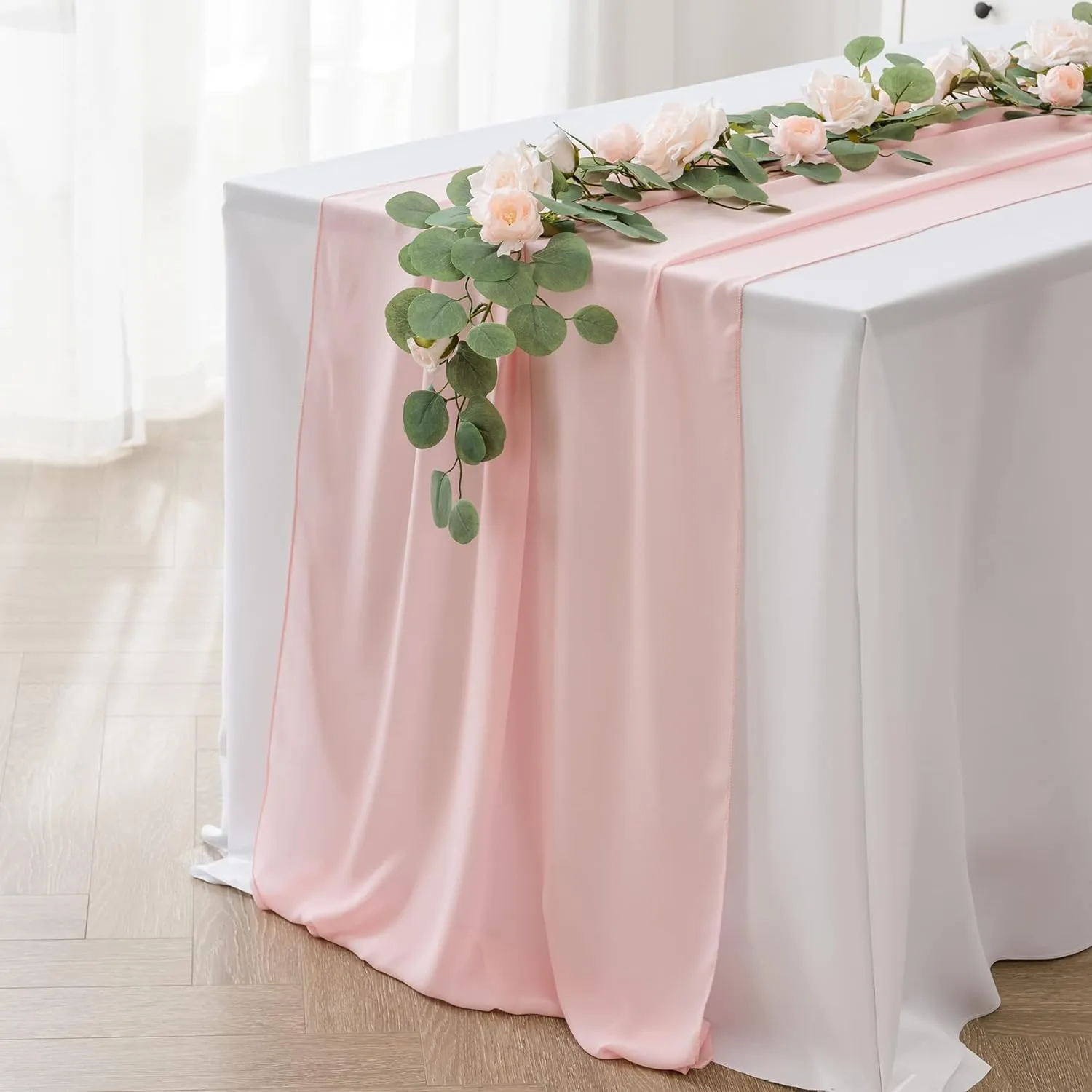 20Pack Chiffon Table Runner, Wedding Table Runner, 14x108 inches Gauze Table Runner, Rustic Sheer Table Decor for Romantic Bridal Shower, Baby Shower, Birthday Party Cake Table(Light Pink)