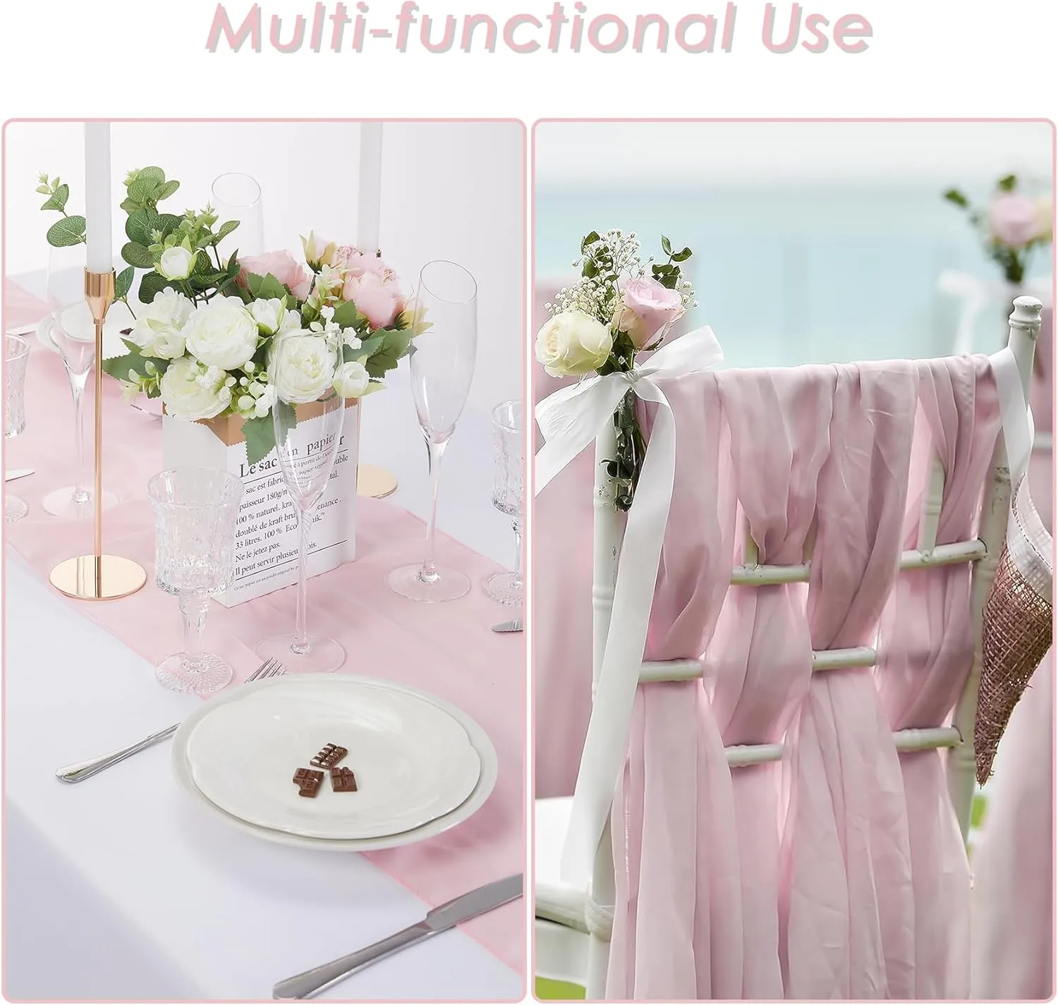 20Pack Chiffon Table Runner, Wedding Table Runner, 14x108 inches Gauze Table Runner, Rustic Sheer Table Decor for Romantic Bridal Shower, Baby Shower, Birthday Party Cake Table(Light Pink)