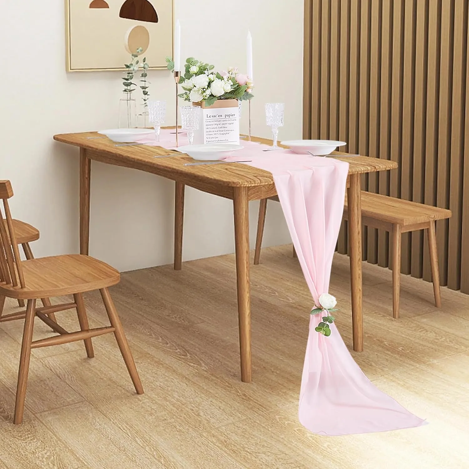 20Pack Chiffon Table Runner, Wedding Table Runner, 14x108 inches Gauze Table Runner, Rustic Sheer Table Decor for Romantic Bridal Shower, Baby Shower, Birthday Party Cake Table(Light Pink)