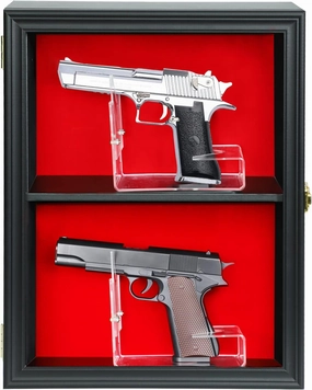 2 Handgun Pistol Revolver Gun Display Case Wall Mount Lockable Black Felt Wood Cabinet w/ 98% UV Protection Acrylic Clear Door Gun Shadow Box Stand Rack Holder
