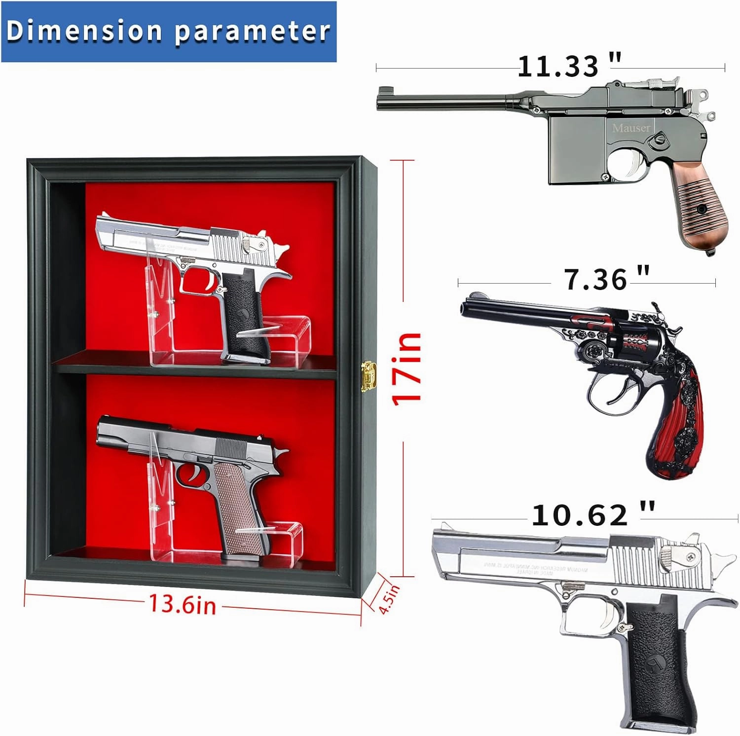 2 Handgun Pistol Revolver Gun Display Case Wall Mount Lockable Black Felt Wood Cabinet w/ 98% UV Protection Acrylic Clear Door Gun Shadow Box Stand Rack Holder