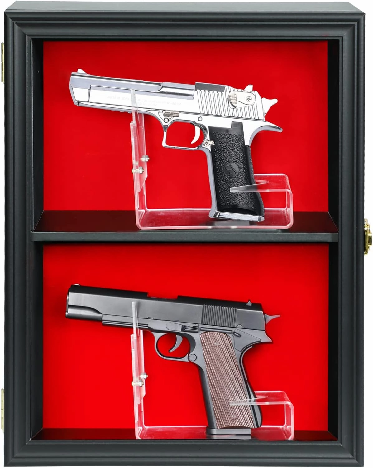 2 Handgun Pistol Revolver Gun Display Case Wall Mount Lockable Black Felt Wood Cabinet w/ 98% UV Protection Acrylic Clear Door Gun Shadow Box Stand Rack Holder