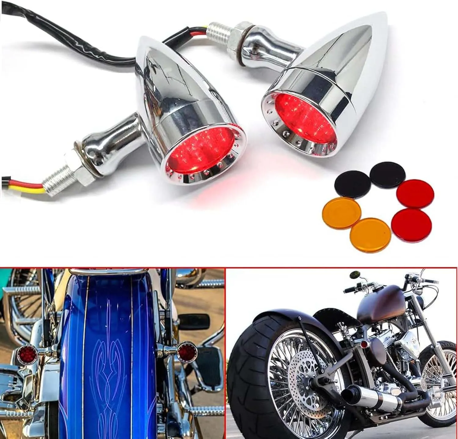 2pcs Chrome 15 LED Motorcycle Stop Brake Running Turn Signal Indicator Red Lights For Harley Honda Chopper (Chrome-Red Light)