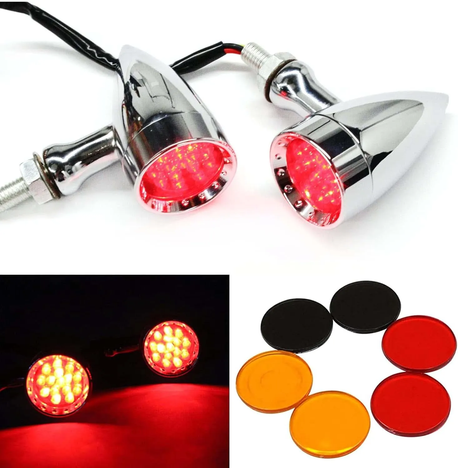2pcs Chrome 15 LED Motorcycle Stop Brake Running Turn Signal Indicator Red Lights For Harley Honda Chopper (Chrome-Red Light)
