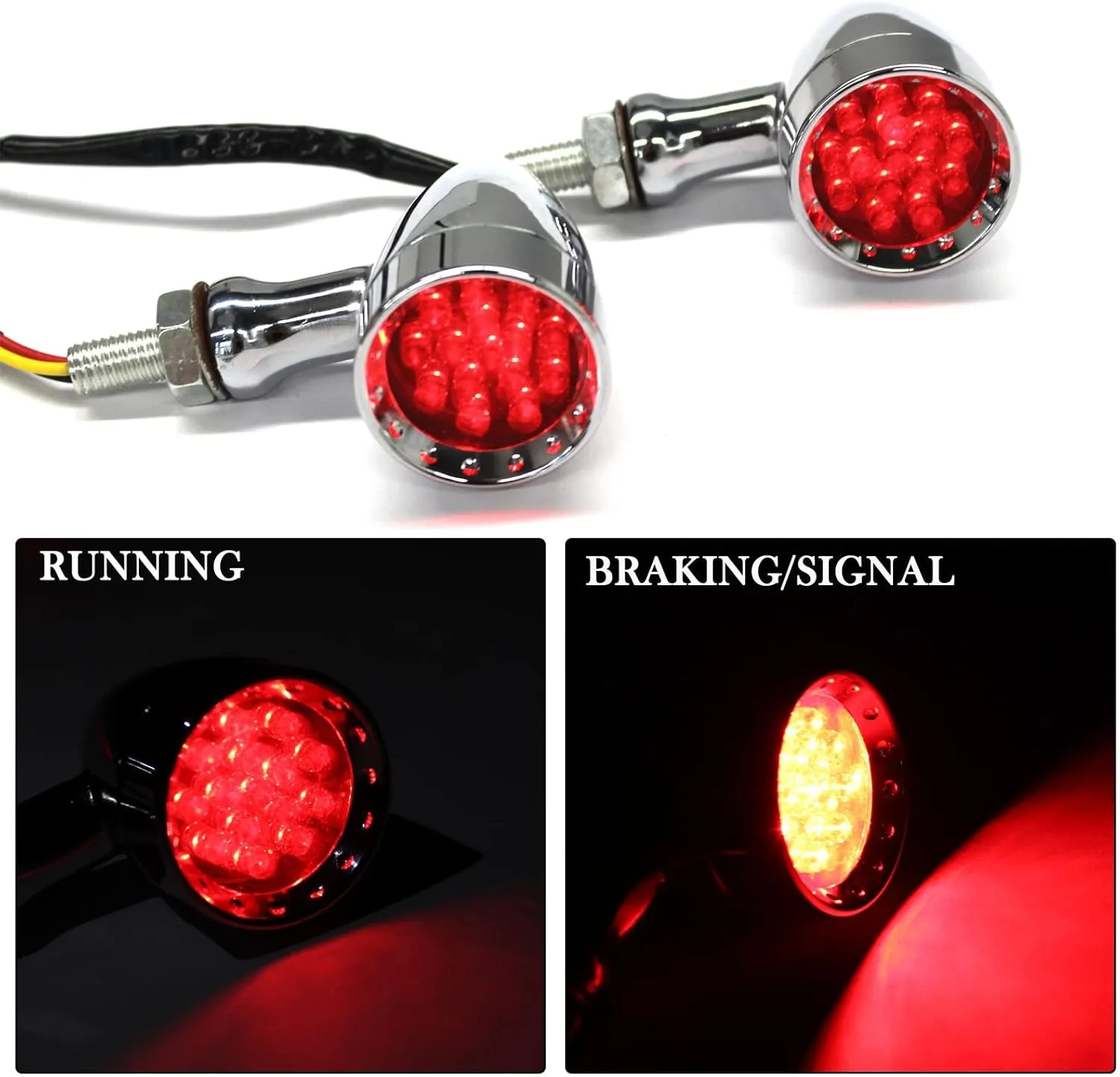 2pcs Chrome 15 LED Motorcycle Stop Brake Running Turn Signal Indicator Red Lights For Harley Honda Chopper (Chrome-Red Light)