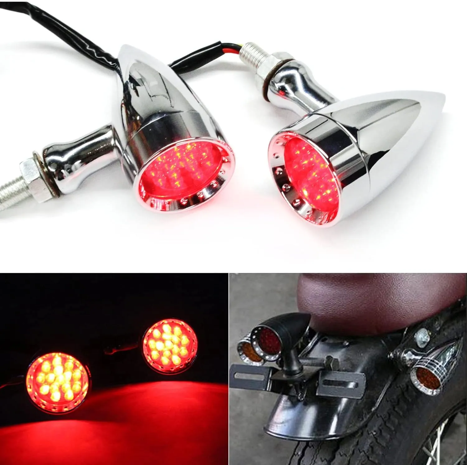2pcs Chrome 15 LED Motorcycle Stop Brake Running Turn Signal Indicator Red Lights For Harley Honda Chopper (Chrome-Red Light)