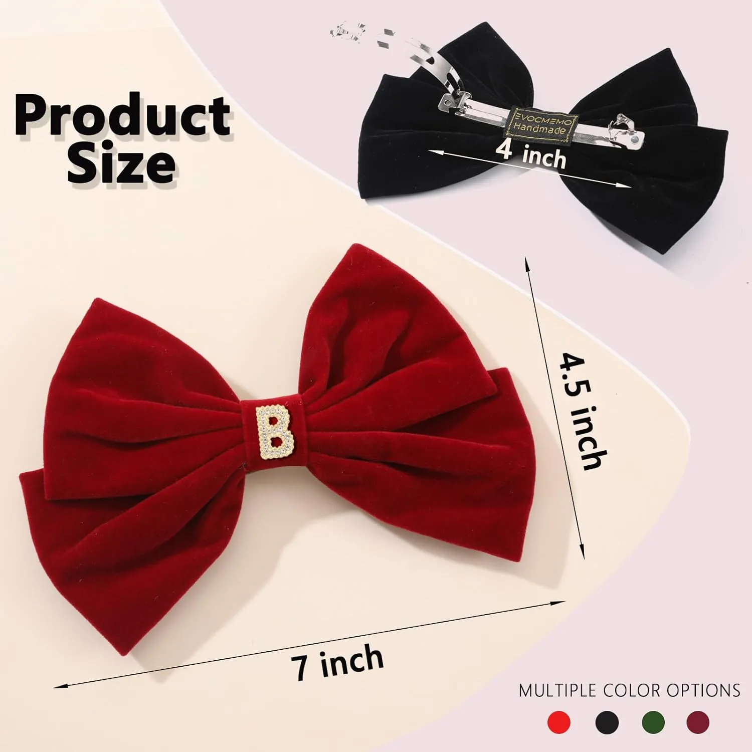 2Pcs Velvet Hair Bows Set – Red & Black Elegant Bow Clip & Long Ribbon Hair Clip, Personalized Hair Accessories for Women, Girls & Kids, Gift for Weddings, Birthdays, Christmas-B