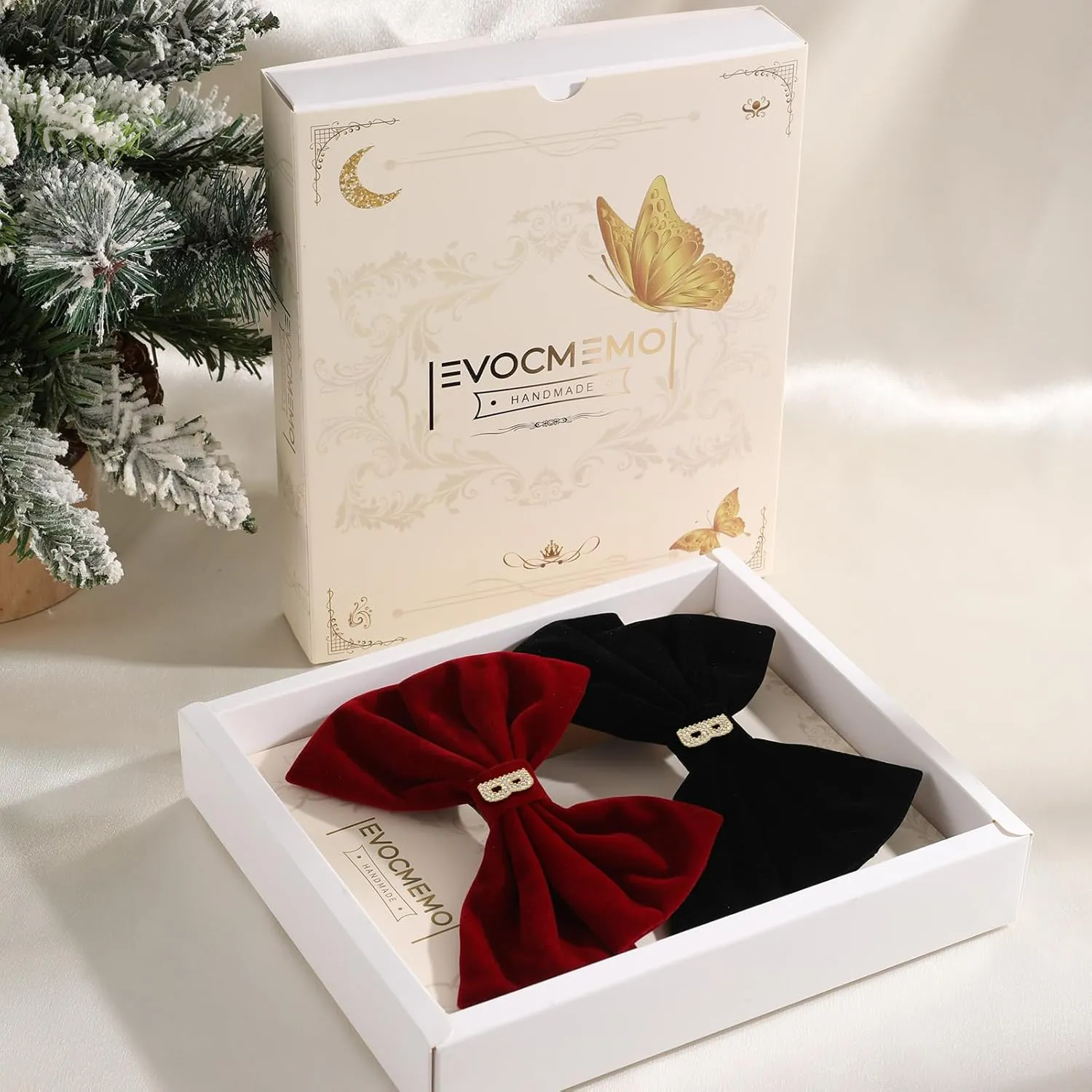 2Pcs Velvet Hair Bows Set – Red & Black Elegant Bow Clip & Long Ribbon Hair Clip, Personalized Hair Accessories for Women, Girls & Kids, Gift for Weddings, Birthdays, Christmas-B