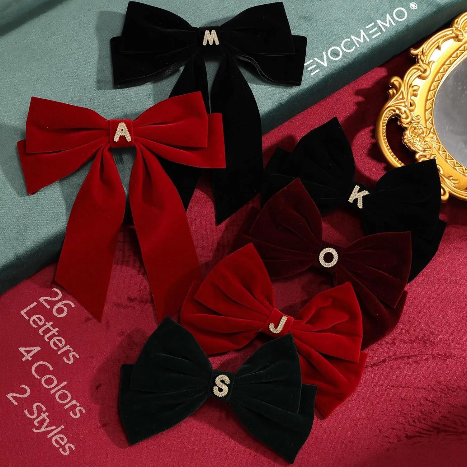2Pcs Velvet Hair Bows Set – Red & Black Elegant Bow Clip & Long Ribbon Hair Clip, Personalized Hair Accessories for Women, Girls & Kids, Gift for Weddings, Birthdays, Christmas-B