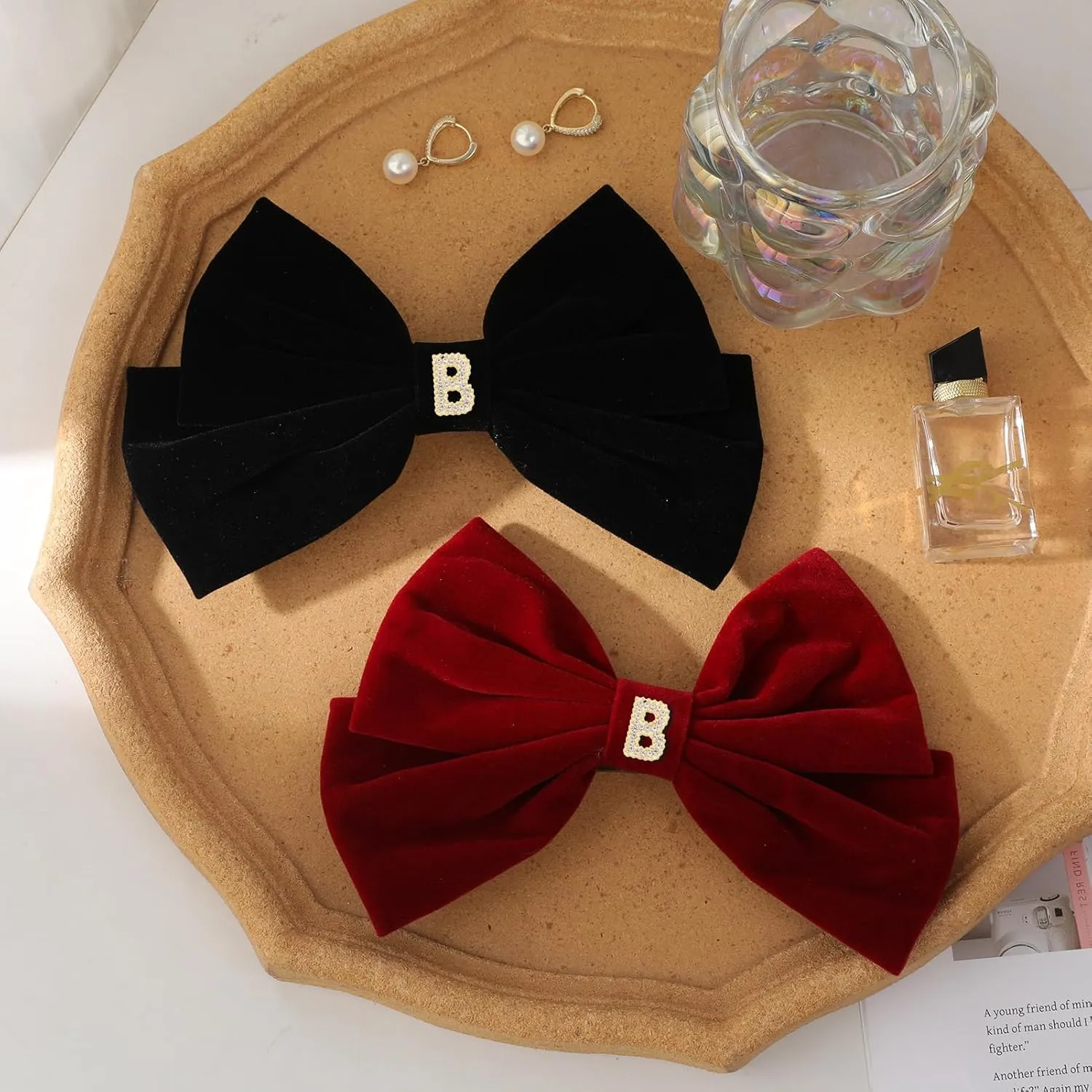 2Pcs Velvet Hair Bows Set – Red & Black Elegant Bow Clip & Long Ribbon Hair Clip, Personalized Hair Accessories for Women, Girls & Kids, Gift for Weddings, Birthdays, Christmas-B