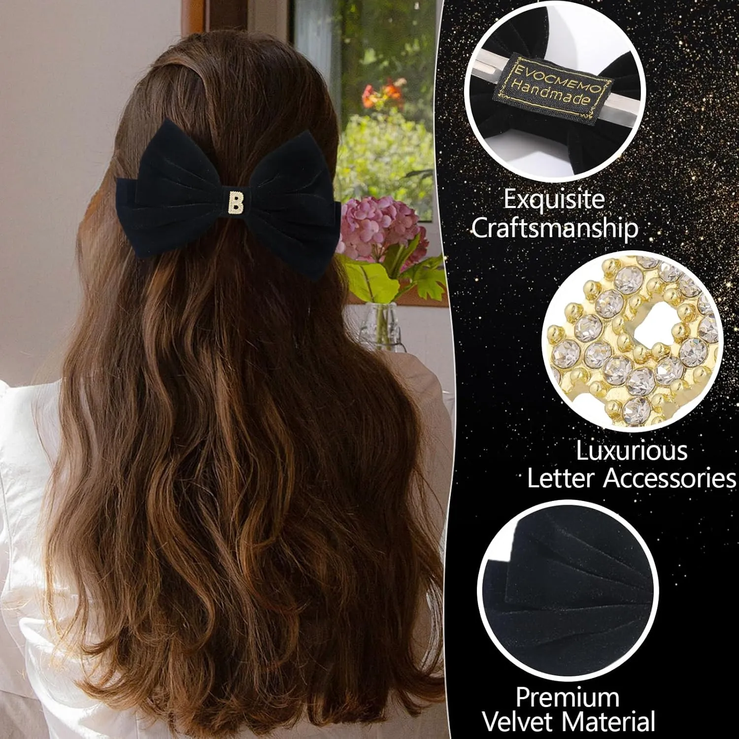 2Pcs Velvet Hair Bows Set – Red & Black Elegant Bow Clip & Long Ribbon Hair Clip, Personalized Hair Accessories for Women, Girls & Kids, Gift for Weddings, Birthdays, Christmas-B