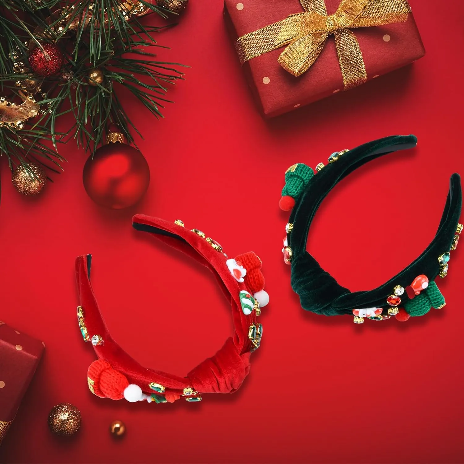 2Pcs Womens Christmas Headbands Rhinestone Headband Holiday Comfortable Jeweled Velvet Top Knot Headband Hair Accessories Gifts (Red Green: A)