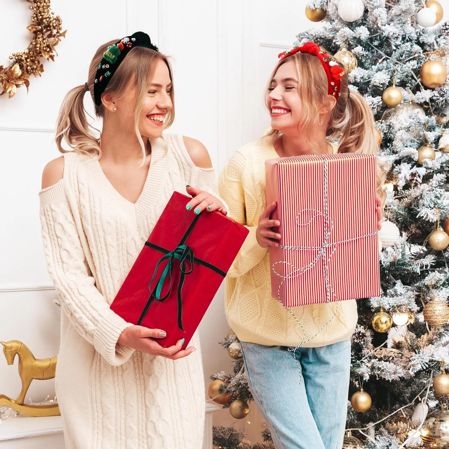 2Pcs Womens Christmas Headbands Rhinestone Headband Holiday Comfortable Jeweled Velvet Top Knot Headband Hair Accessories Gifts (Red Green: A)