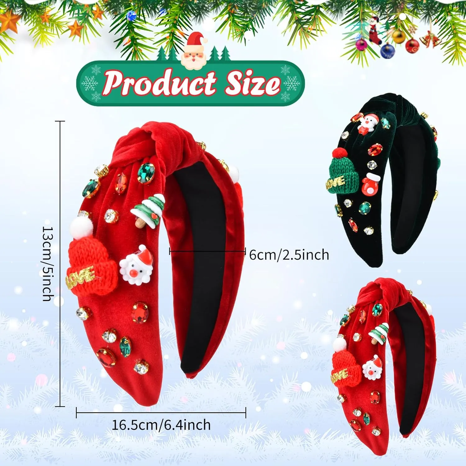 2Pcs Womens Christmas Headbands Rhinestone Headband Holiday Comfortable Jeweled Velvet Top Knot Headband Hair Accessories Gifts (Red Green: A)