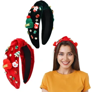 2Pcs Womens Christmas Headbands Rhinestone Headband Holiday Comfortable Jeweled Velvet Top Knot Headband Hair Accessories Gifts (Red Green: A)