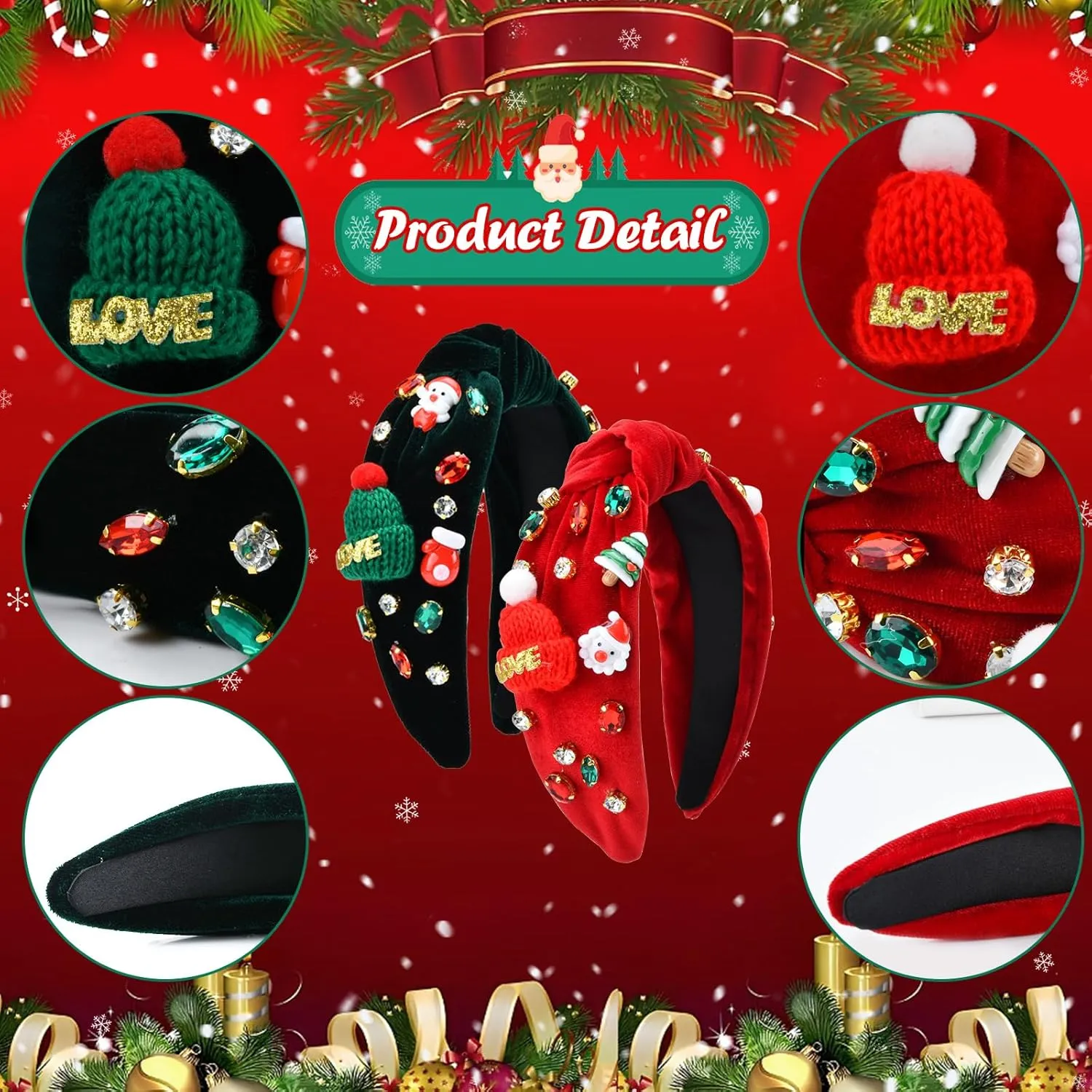 2Pcs Womens Christmas Headbands Rhinestone Headband Holiday Comfortable Jeweled Velvet Top Knot Headband Hair Accessories Gifts (Red Green: A)