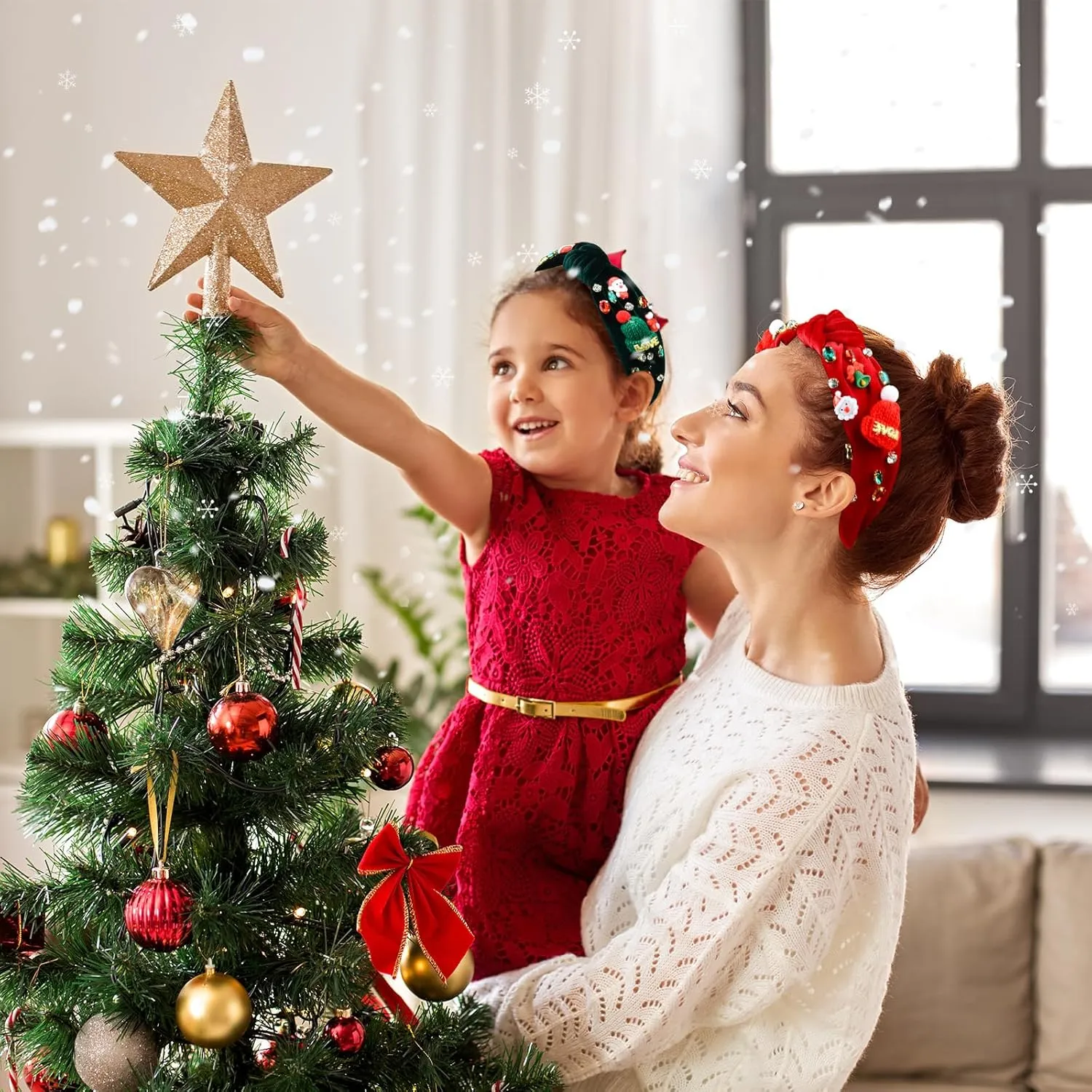 2Pcs Womens Christmas Headbands Rhinestone Headband Holiday Comfortable Jeweled Velvet Top Knot Headband Hair Accessories Gifts (Red Green: A)