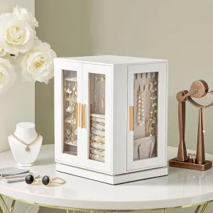 360° Rotating Jewelry Box with 5 Drawers - White Cabinet & Pink Velvet Storage (22x18x28.5cm)