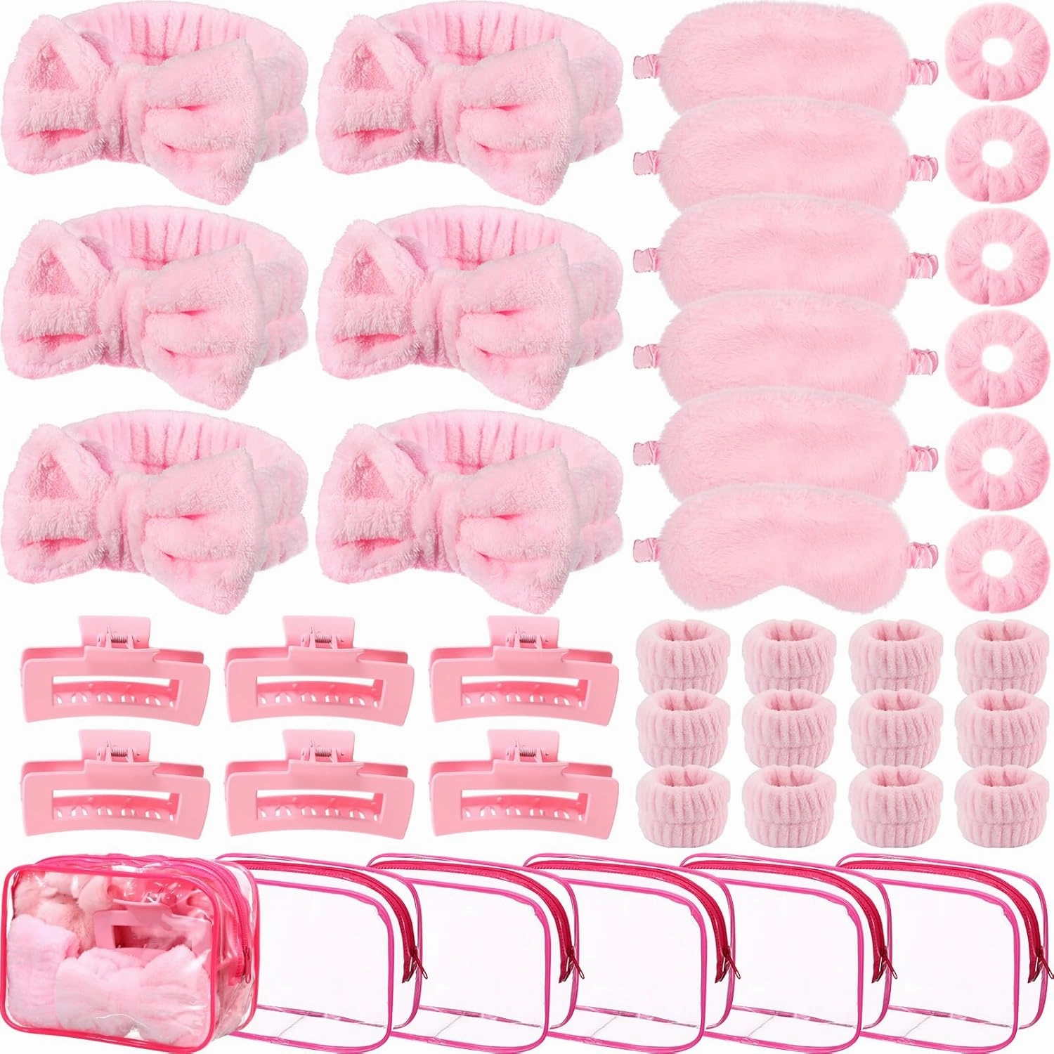42 Pcs Spa Sleepover Party Supplies Include 6 Sleep Eye Mask 6 Spa Headband 12 Wrist Washband 6 Velvet Scrunchies 6 Hair Claw Clips 6 Clear Cosmetic Bags for Girls Slumber Party Favors Gift