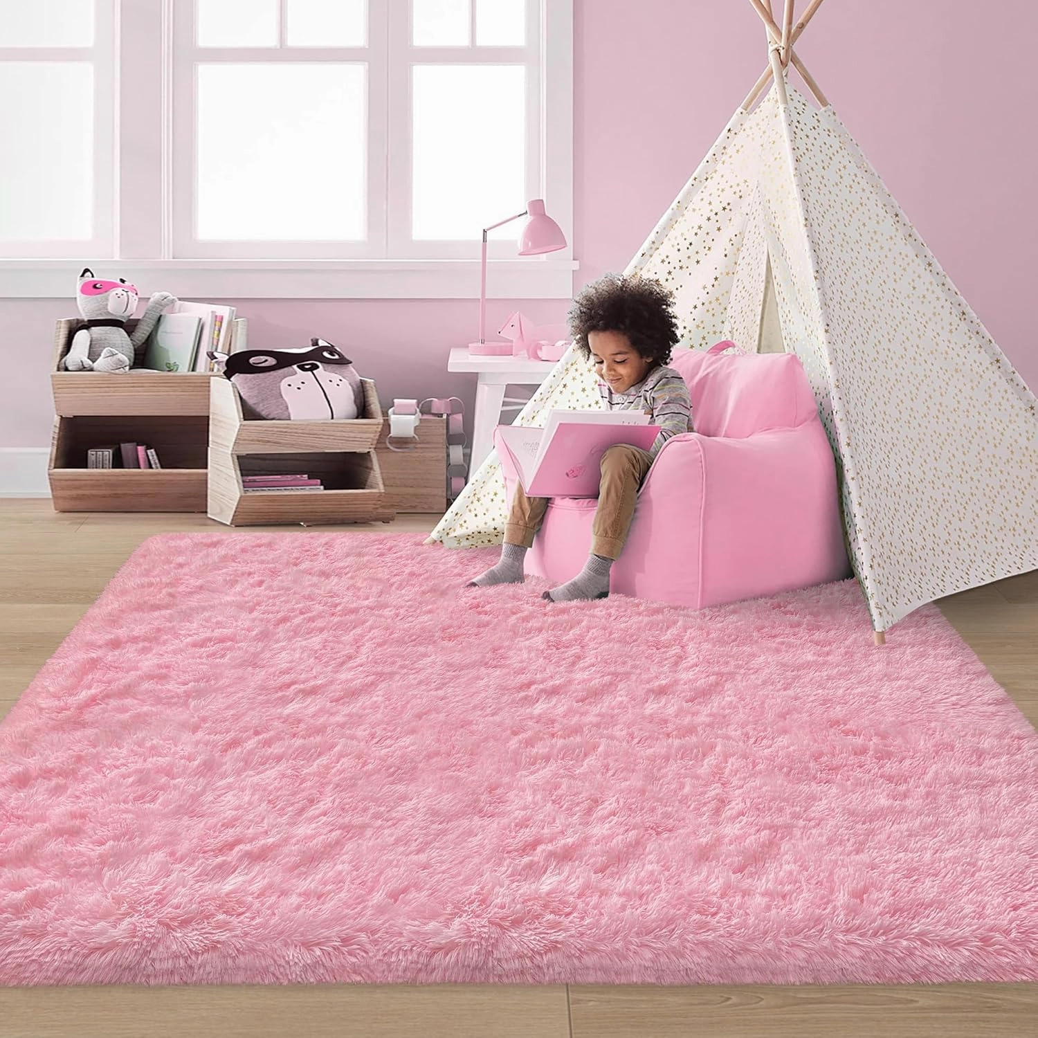 4X6 Fluffy Area Rugs for Living Room Bedroom,Washable Ultra Soft Shag Bedside Rug，Non-Slip Modern Plush Fuzzy Carpet for Indoor Floor Kids,Girls,Boys and Nursery Rooms,Pink