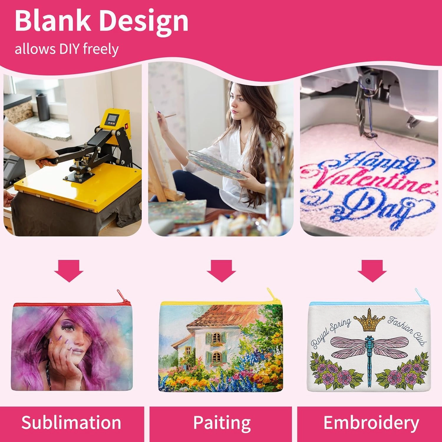 50Pcs Canvas Makeup Bags Bulk, 7.87 x 5.7 Inch Cotton Sublimation Blank DIY Heat Transfer Cosmetic Bag w/Colorful Zipper Gift Box for Bridesmaid Makeup Bag Travel Toiletry Pouch Storage