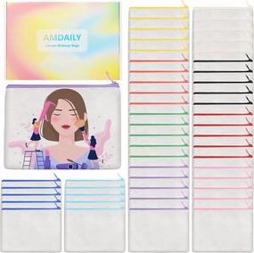 50Pcs Canvas Makeup Bags Bulk, 7.87 x 5.7 Inch Cotton Sublimation Blank DIY Heat Transfer Cosmetic Bag w/Colorful Zipper Gift Box for Bridesmaid Makeup Bag Travel Toiletry Pouch Storage
