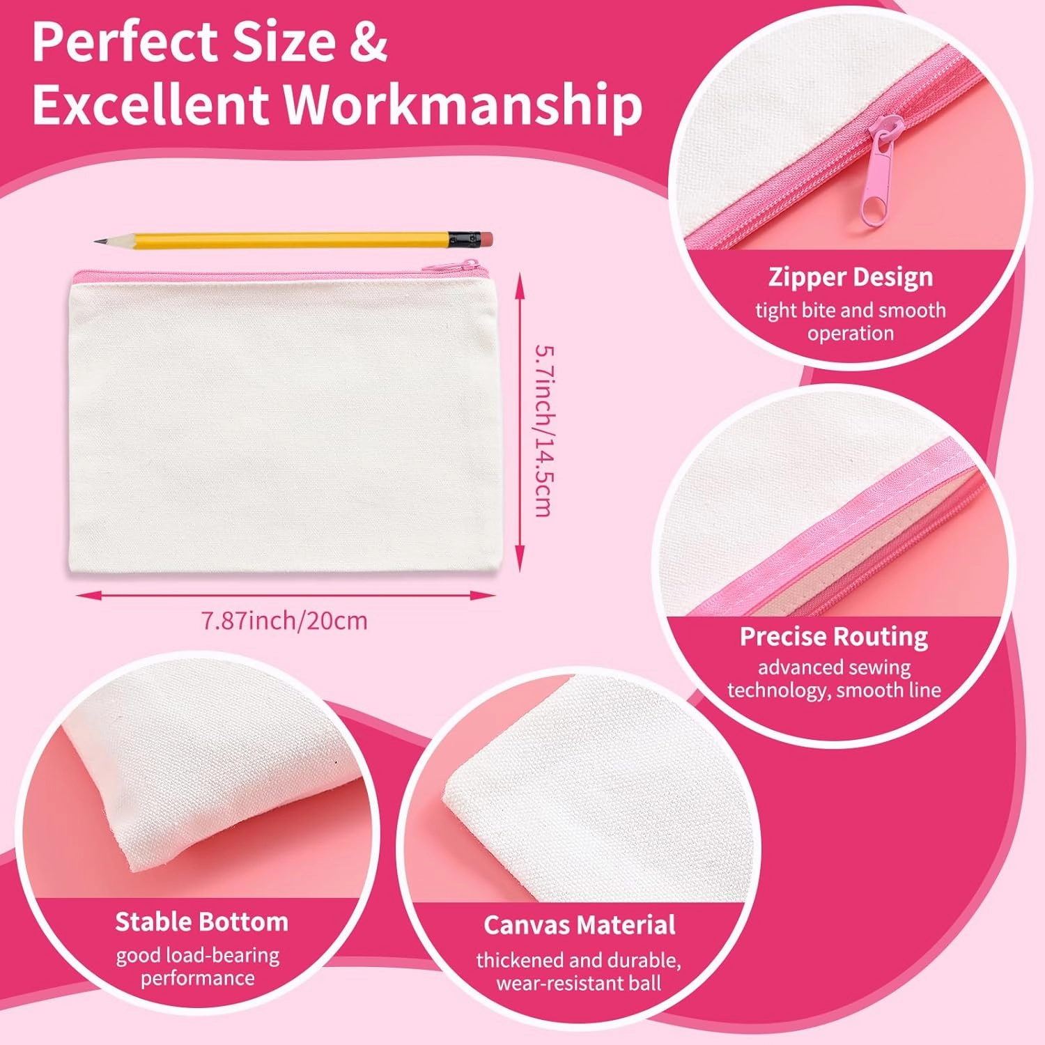 50Pcs Canvas Makeup Bags Bulk, 7.87 x 5.7 Inch Cotton Sublimation Blank DIY Heat Transfer Cosmetic Bag w/Colorful Zipper Gift Box for Bridesmaid Makeup Bag Travel Toiletry Pouch Storage