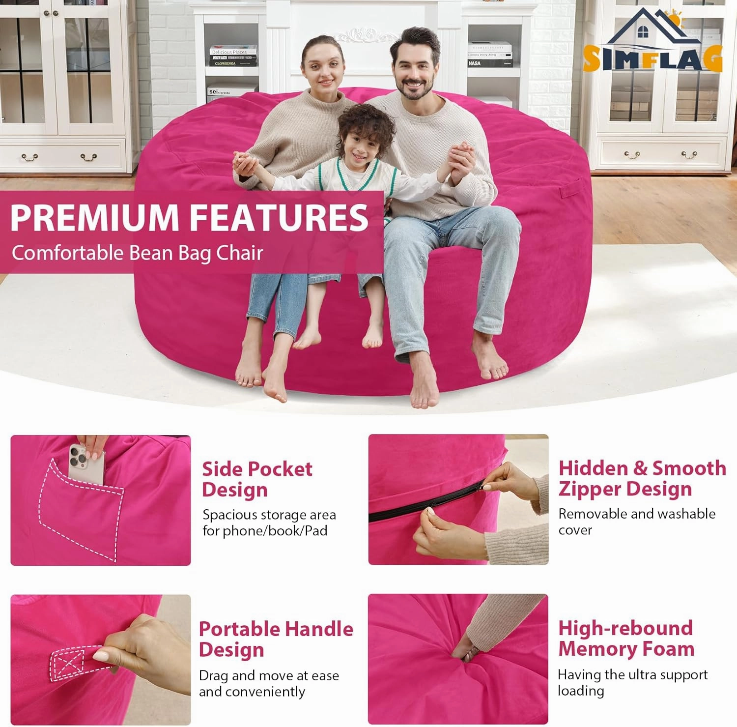 5Ft Bean Bag Chair, Memory Foam Filling Bean Bag Chairs with Velvet Cover, Removable and Machine Washable Cover, Giant Bean Bag Chair for Adult - Pink