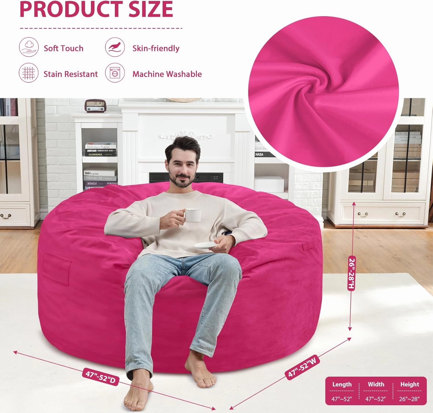 5Ft Bean Bag Chair, Memory Foam Filling Bean Bag Chairs with Velvet Cover, Removable and Machine Washable Cover, Giant Bean Bag Chair for Adult - Pink
