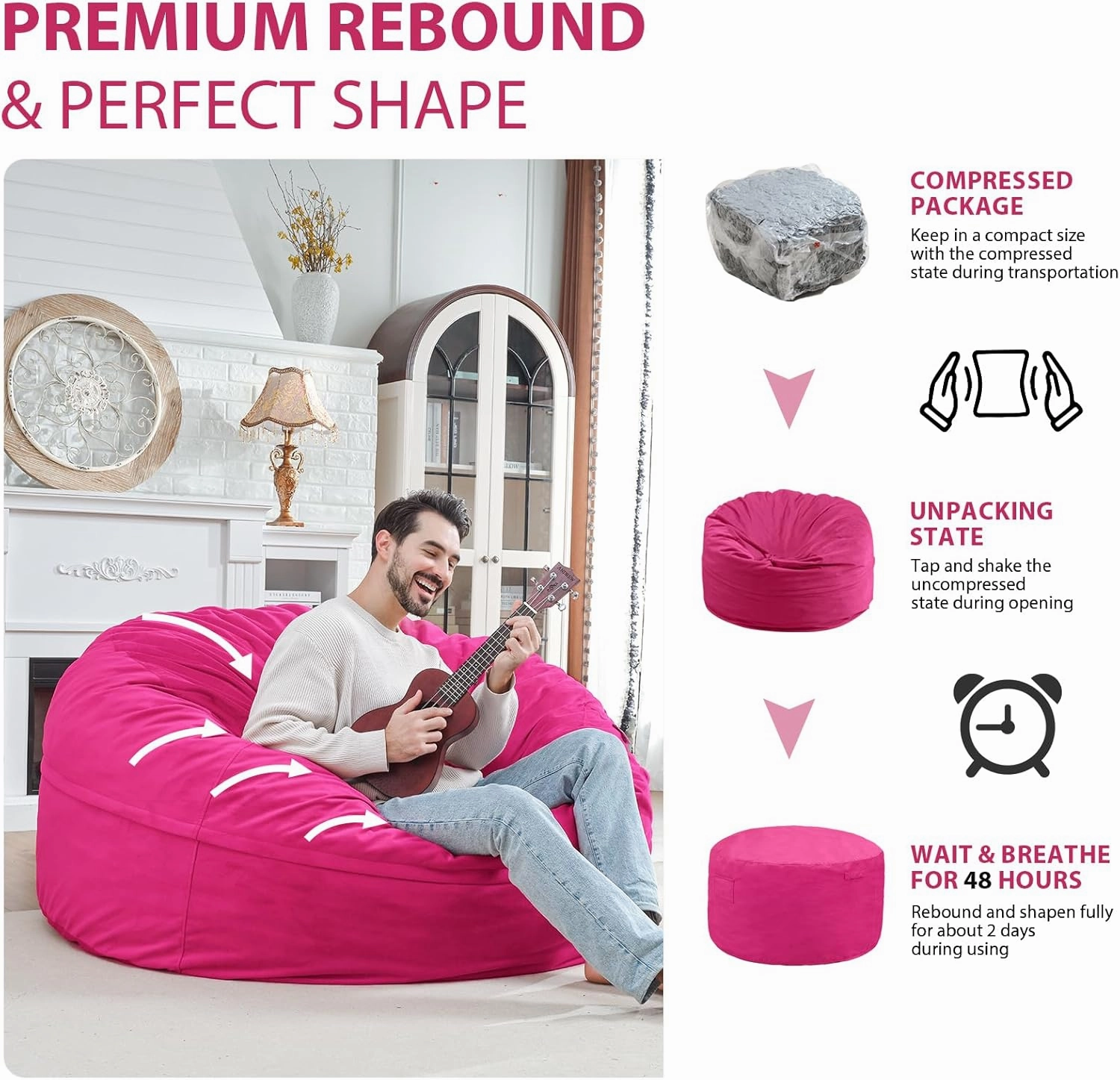 5Ft Bean Bag Chair, Memory Foam Filling Bean Bag Chairs with Velvet Cover, Removable and Machine Washable Cover, Giant Bean Bag Chair for Adult - Pink