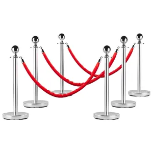 6 Pcs Commercial Stainless Steel Stanchion Post Queue, 5 FT Red Velvet Ropes, Quick Setup, Crowd Control Posts and Ropes, Grand Opening Casino Theme Party Decorations