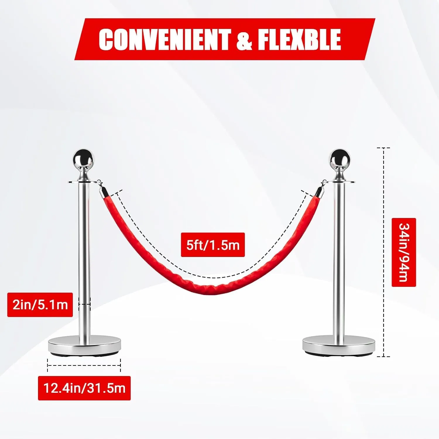 6 Pcs Commercial Stainless Steel Stanchion Post Queue, 5 FT Red Velvet Ropes, Quick Setup, Crowd Control Posts and Ropes, Grand Opening Casino Theme Party Decorations
