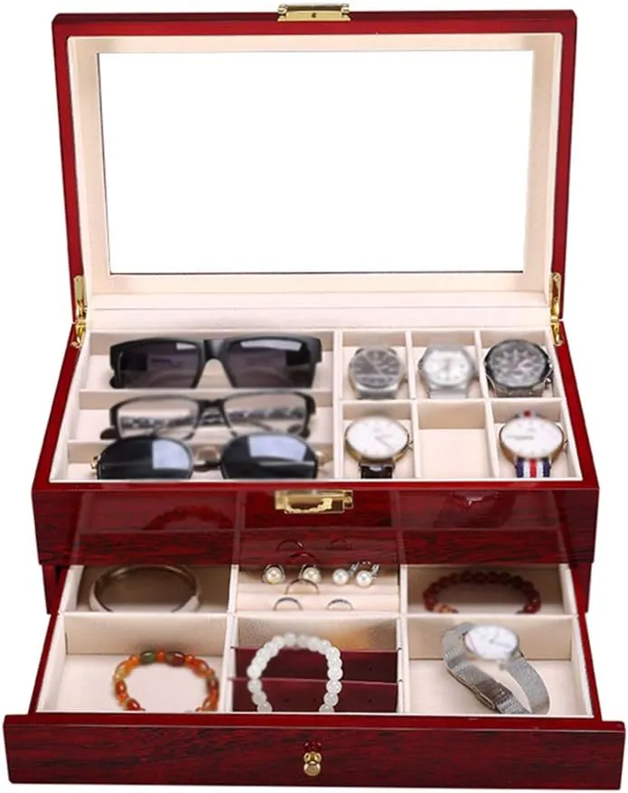 6-Slot Watch Watch Box Storage Case 2-Tier Jewellery Display Organizer with Accessories Tray Removable Cushions and Metal Buckle,Red