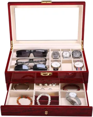 6-Slot Watch Watch Box Storage Case 2-Tier Jewellery Display Organizer with Accessories Tray Removable Cushions and Metal Buckle,Red