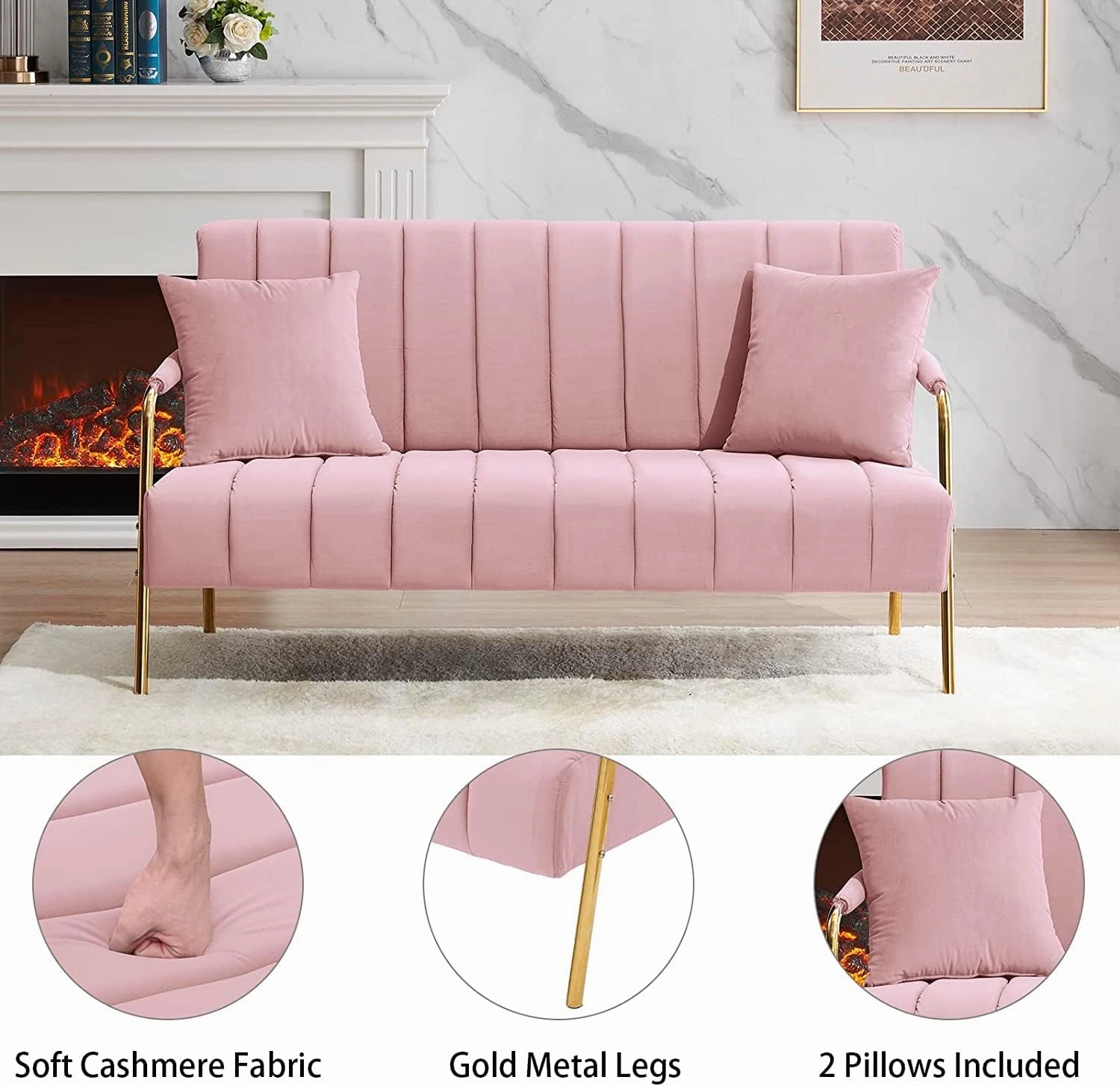61" Modern Velvet Loveseat Sofa,Upholstery Love Seat Couches with Tufted Backrest,Golden Metal Legs,Accent Sofa for Living Room Bedroom Apartment Office (Pink)