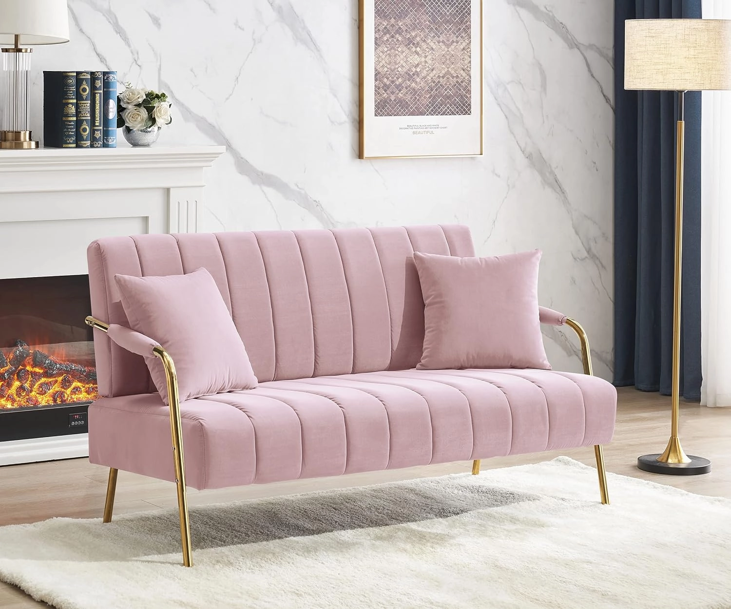 61" Modern Velvet Loveseat Sofa,Upholstery Love Seat Couches with Tufted Backrest,Golden Metal Legs,Accent Sofa for Living Room Bedroom Apartment Office (Pink)