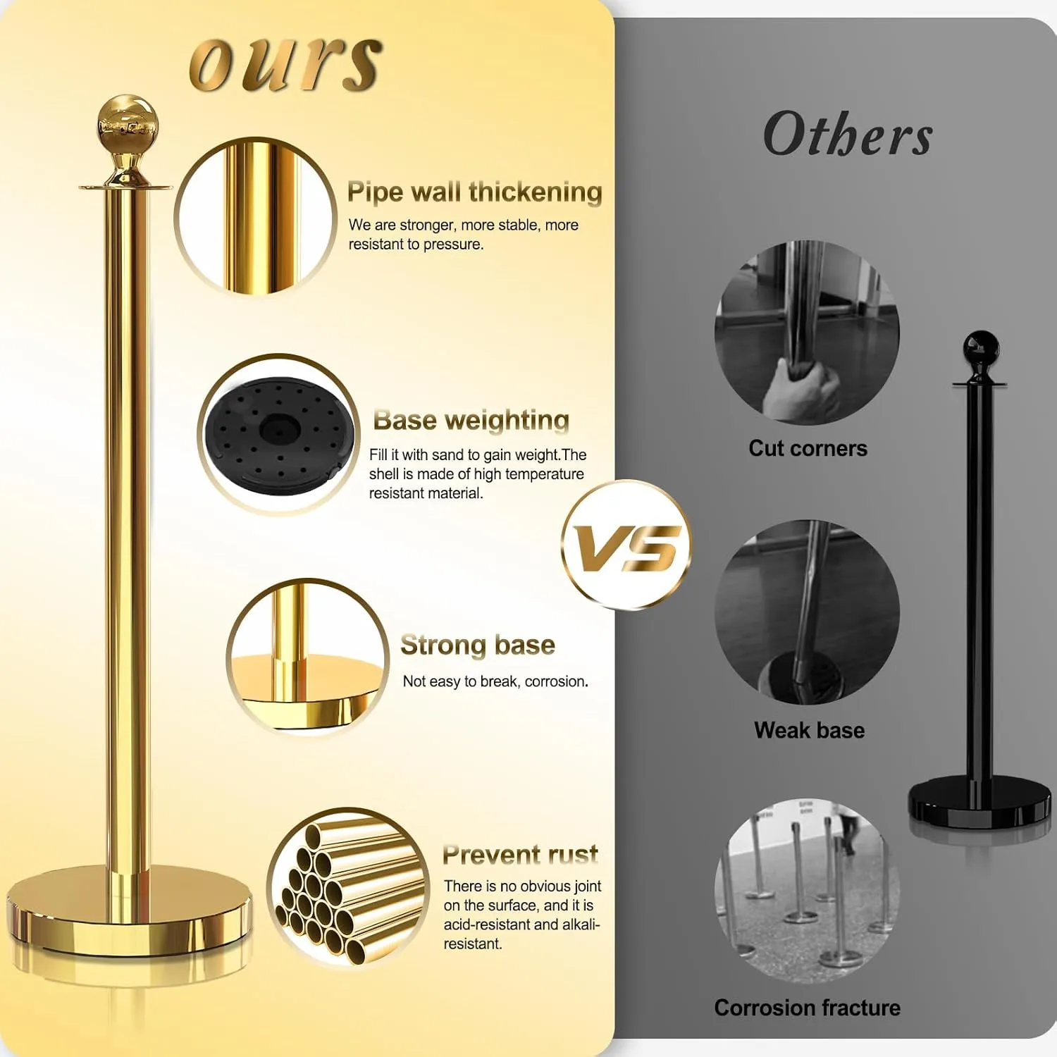 6PCS Gold Stanchions Posts with 4PCS 5 ft Red Velvet Rope, Red Velvet Rope Stanchion Set Crowd Control Barriers, Stanchions and Velvet Ropes Red Carpet Poles for Party Supplies