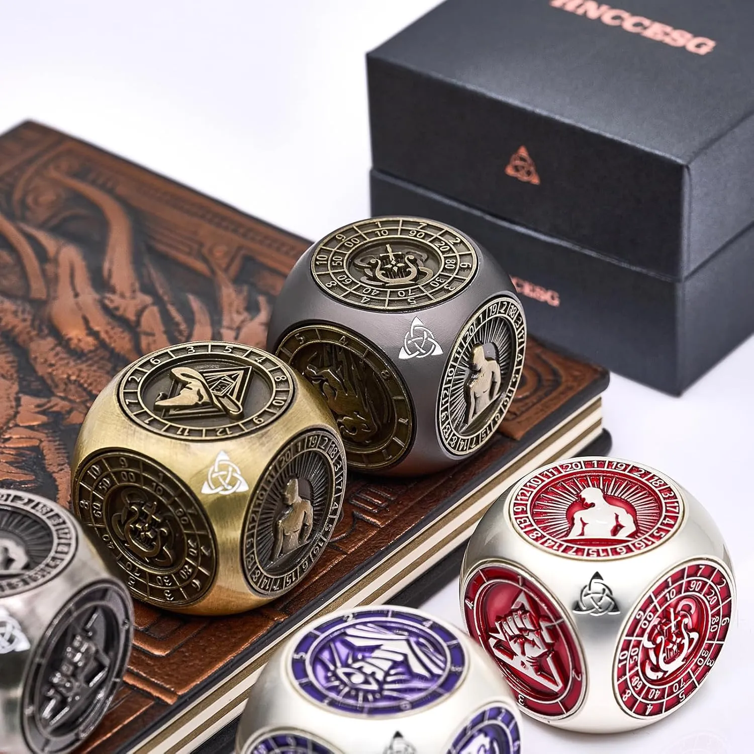 7-in-1 Metal Spinner Dice, 3D Relief Polyhedral Metal DND Dice Set Gift Box,Tabletop RPG Role Playing Gifts for Lovers (Black Bronze)