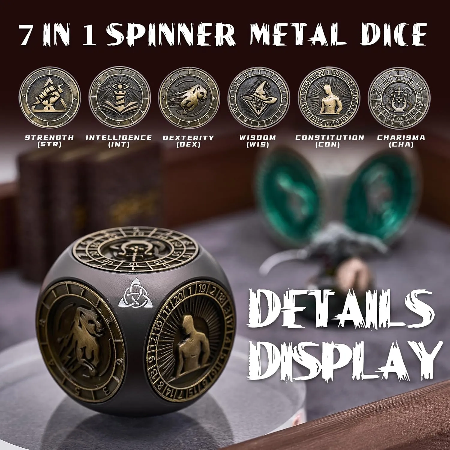 7-in-1 Metal Spinner Dice, 3D Relief Polyhedral Metal DND Dice Set Gift Box,Tabletop RPG Role Playing Gifts for Lovers (Black Bronze)