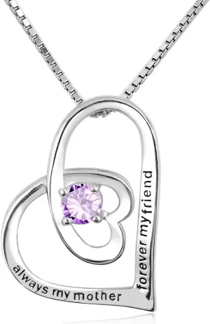 925 Sterling Silver Birthstone Engraved Crystal Heart Pendant Necklace for Sister Mom