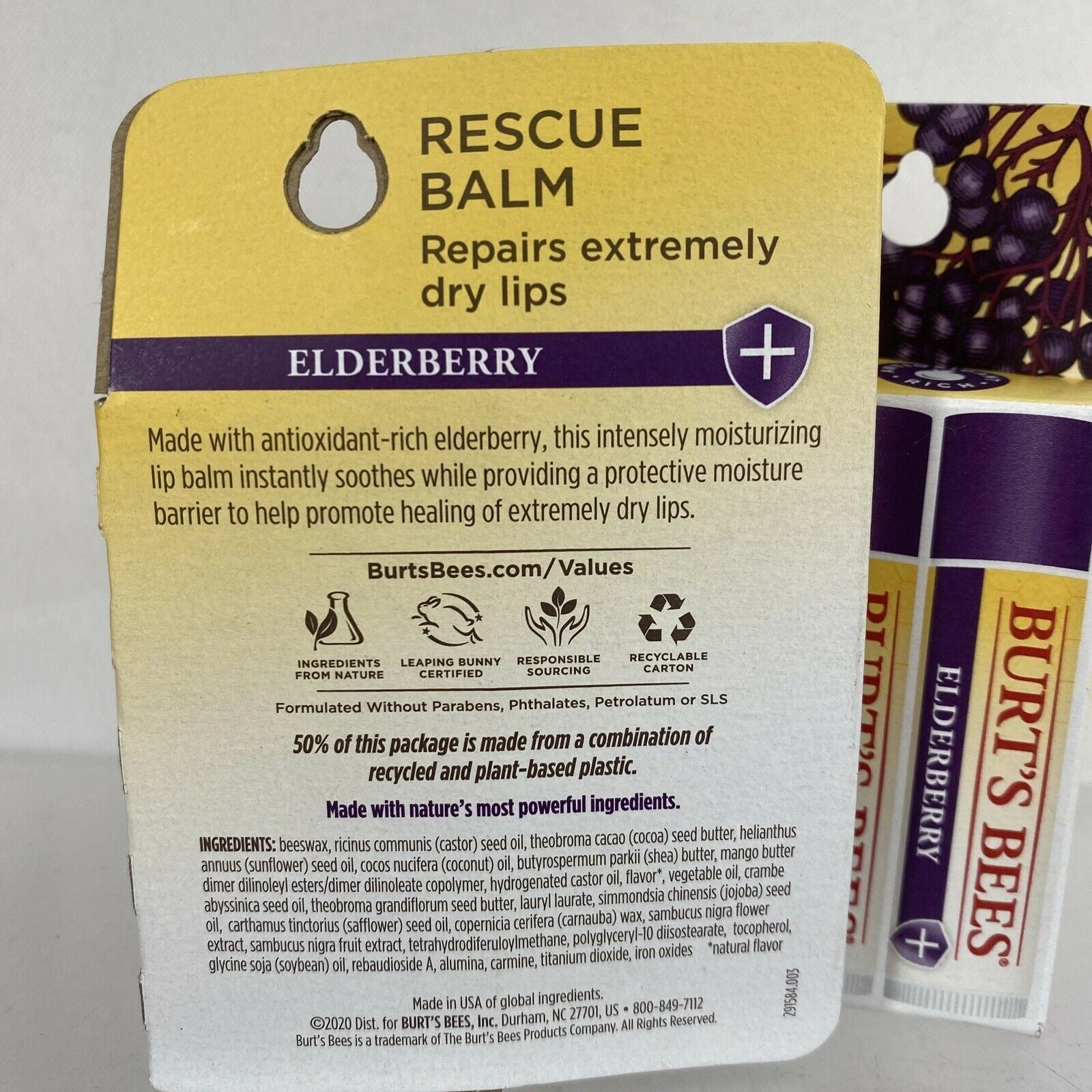 (2) Burt's Bees Rescue Balm Lip Balm Antioxidant-Rich Elderberry Repair Dry 2pk