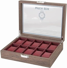 =Classic Vintage Wood 10 Grids Watch Jewelry Display Storage Box Organizer Clear Lid Jewellery Holder,A,29.7 X 22.5 X 8.2cm
