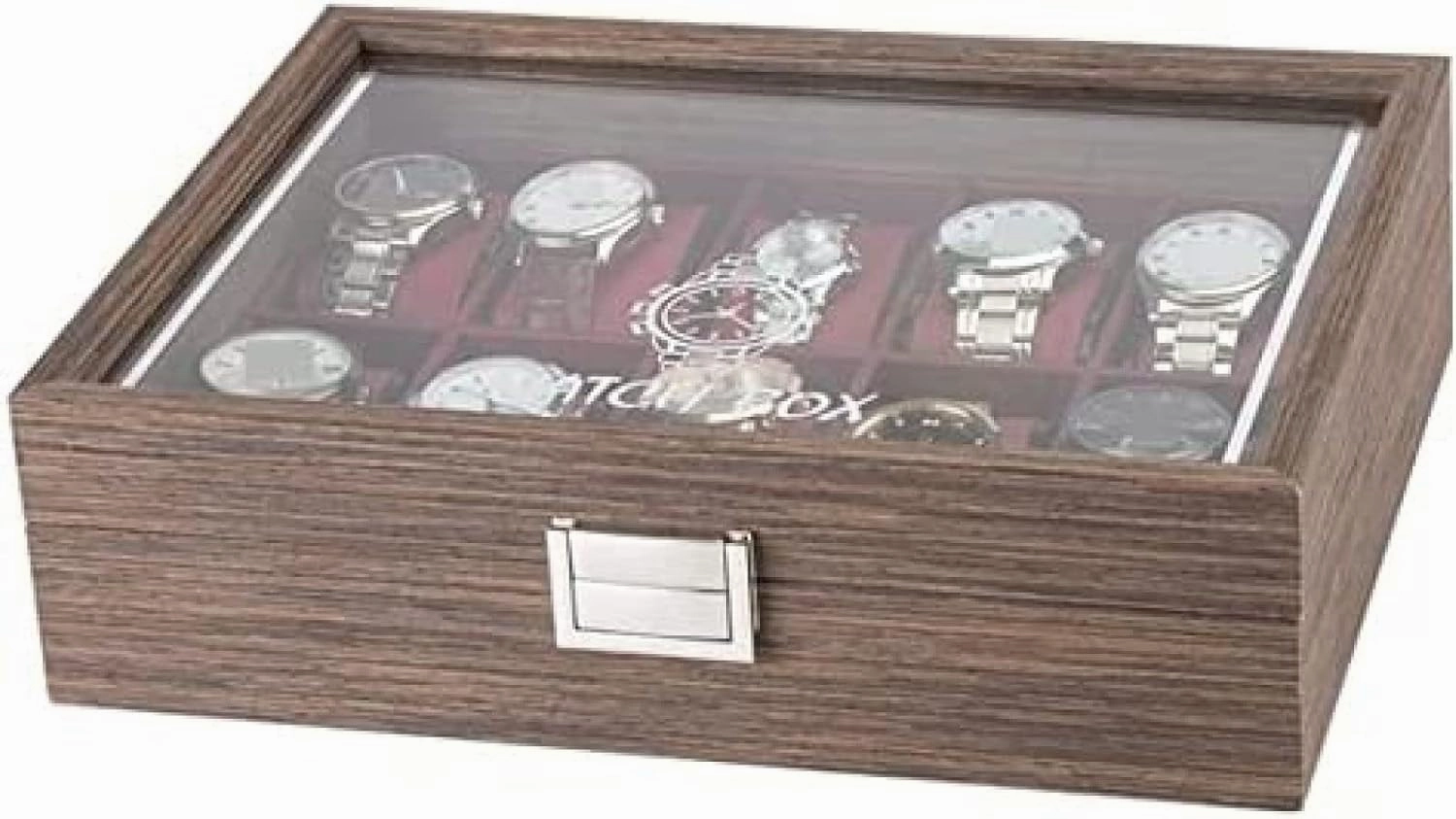 =Classic Vintage Wood 10 Grids Watch Jewelry Display Storage Box Organizer Clear Lid Jewellery Holder,A,29.7 X 22.5 X 8.2cm