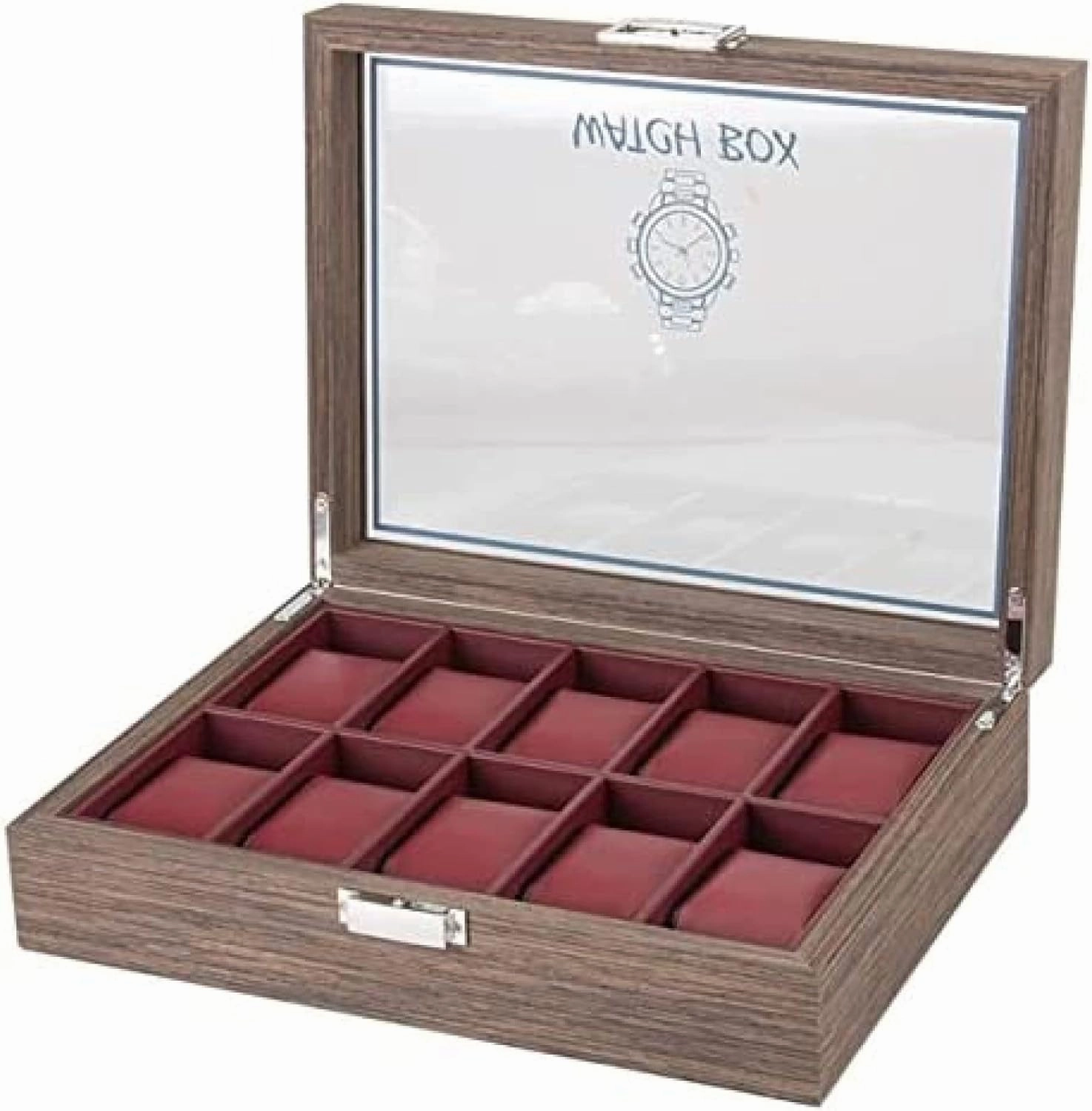 =Classic Vintage Wood 10 Grids Watch Jewelry Display Storage Box Organizer Clear Lid Jewellery Holder,A,29.7 X 22.5 X 8.2cm
