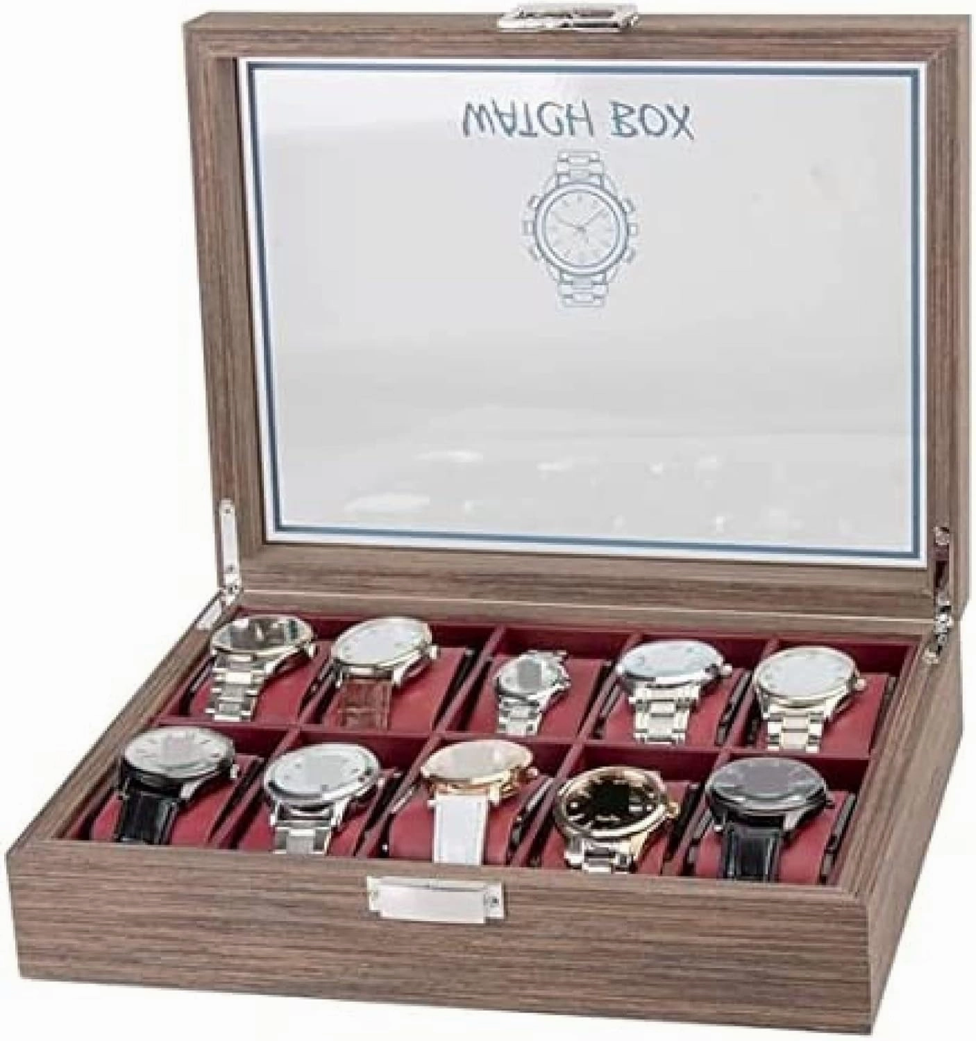 =Classic Vintage Wood 10 Grids Watch Jewelry Display Storage Box Organizer Clear Lid Jewellery Holder,A,29.7 X 22.5 X 8.2cm